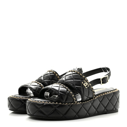 Chanel Shiny Lambskin Quilted Chain Around CC Platform Sandals 40 Black 4 of 9