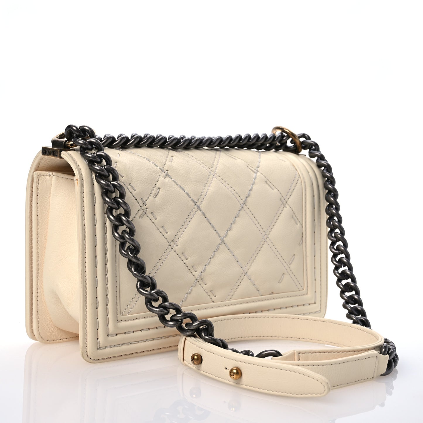 Calfskin Double Stitch Medium Boy Flap White