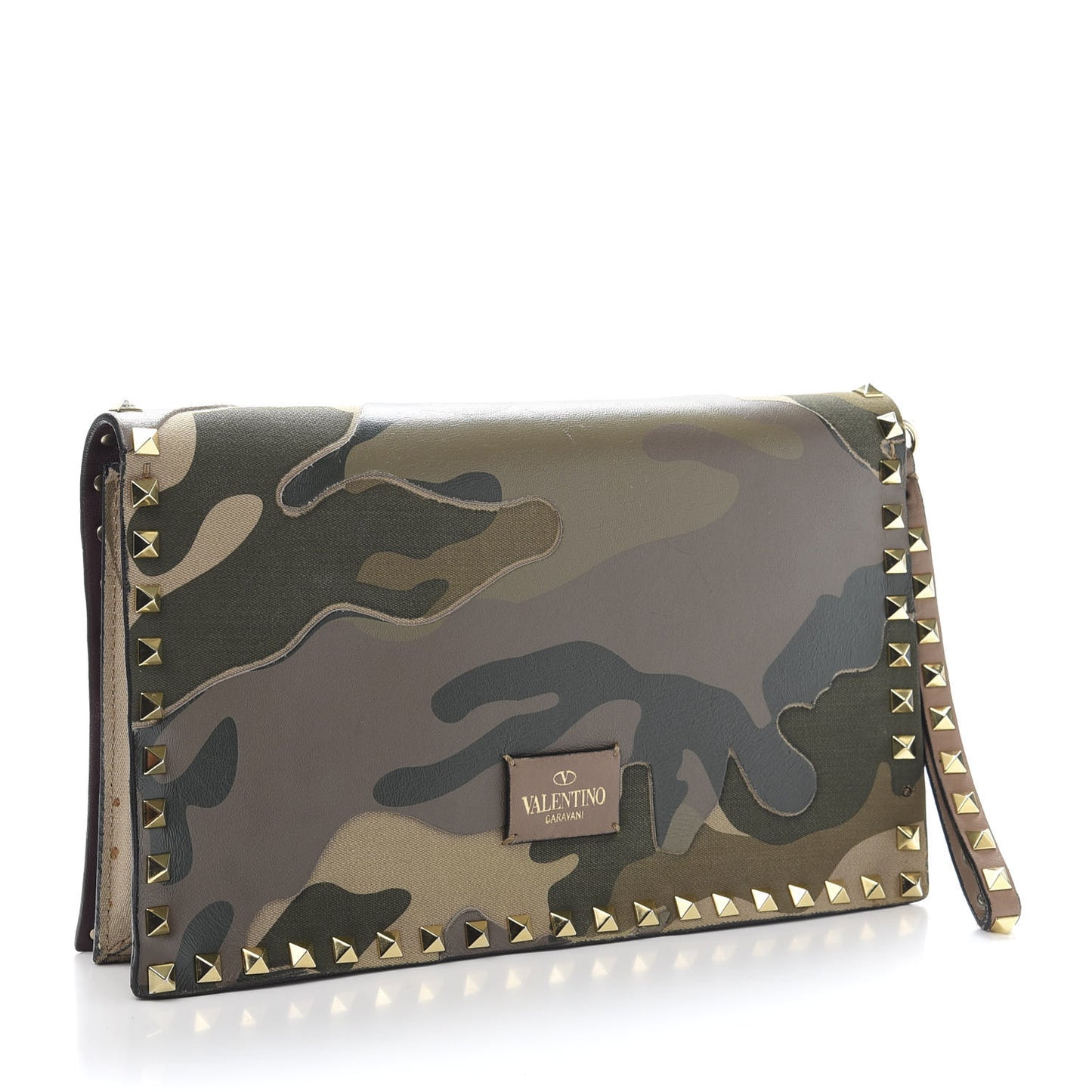 Nappa Canvas Camouflage Rockstud Wristlet Clutch Multicolor