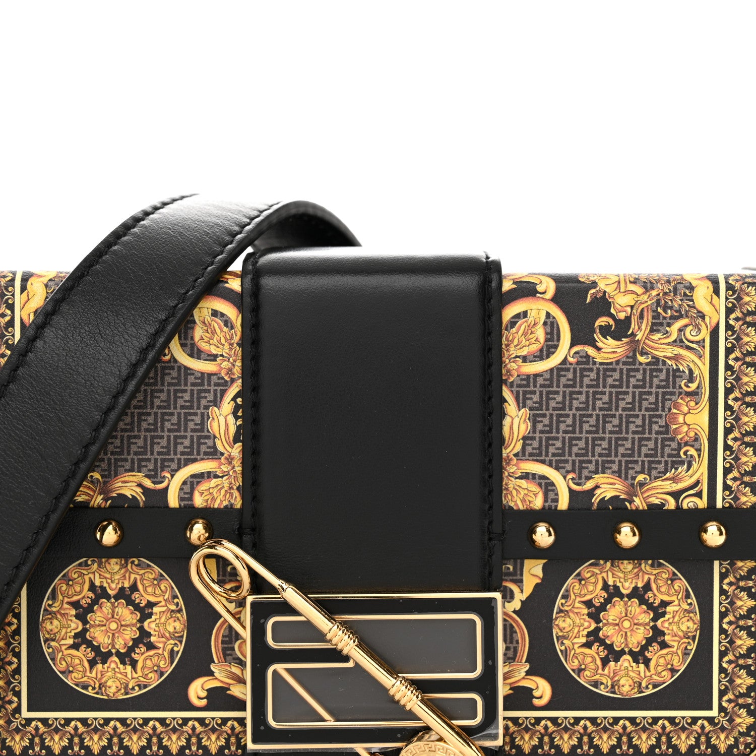 Fendi X VERSACE Vitello Cover Fendace Mini FF Baroque Brooch Studded Mini Baguette Trunk Black Gold 7 of 9