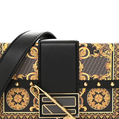 Fendi X VERSACE Vitello Cover Fendace Mini FF Baroque Brooch Studded Mini Baguette Trunk Black Gold 7 of 9