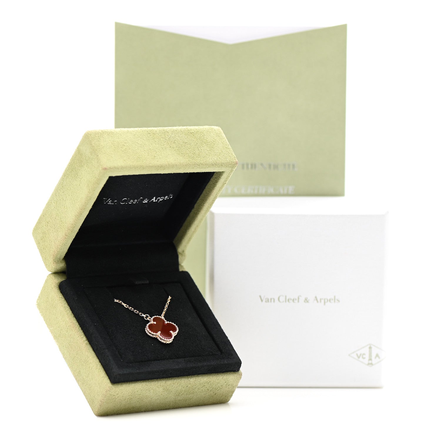 Van Cleef & Arpels 18K Yellow Gold Carnelian Vintage Alhambra Pendant Necklace 7 of 7