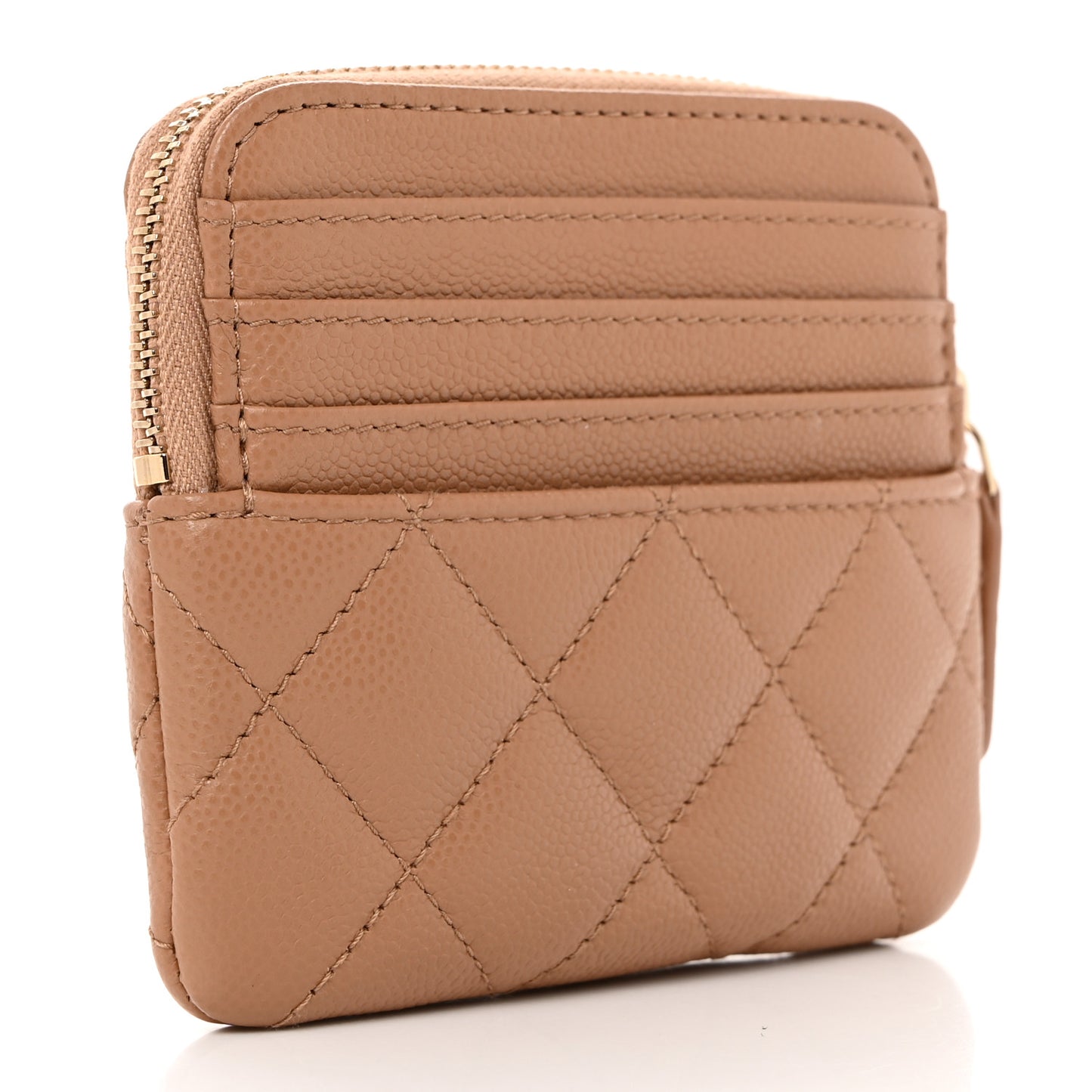 Caviar Quilted Zip Card Holder Wallet Dark Beige
