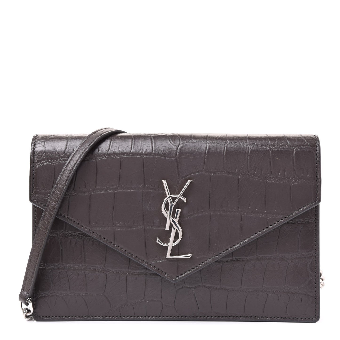 SAINT LAUREN Croc Embossed Monogram Envelope Chain Wallet Dark Anthracite