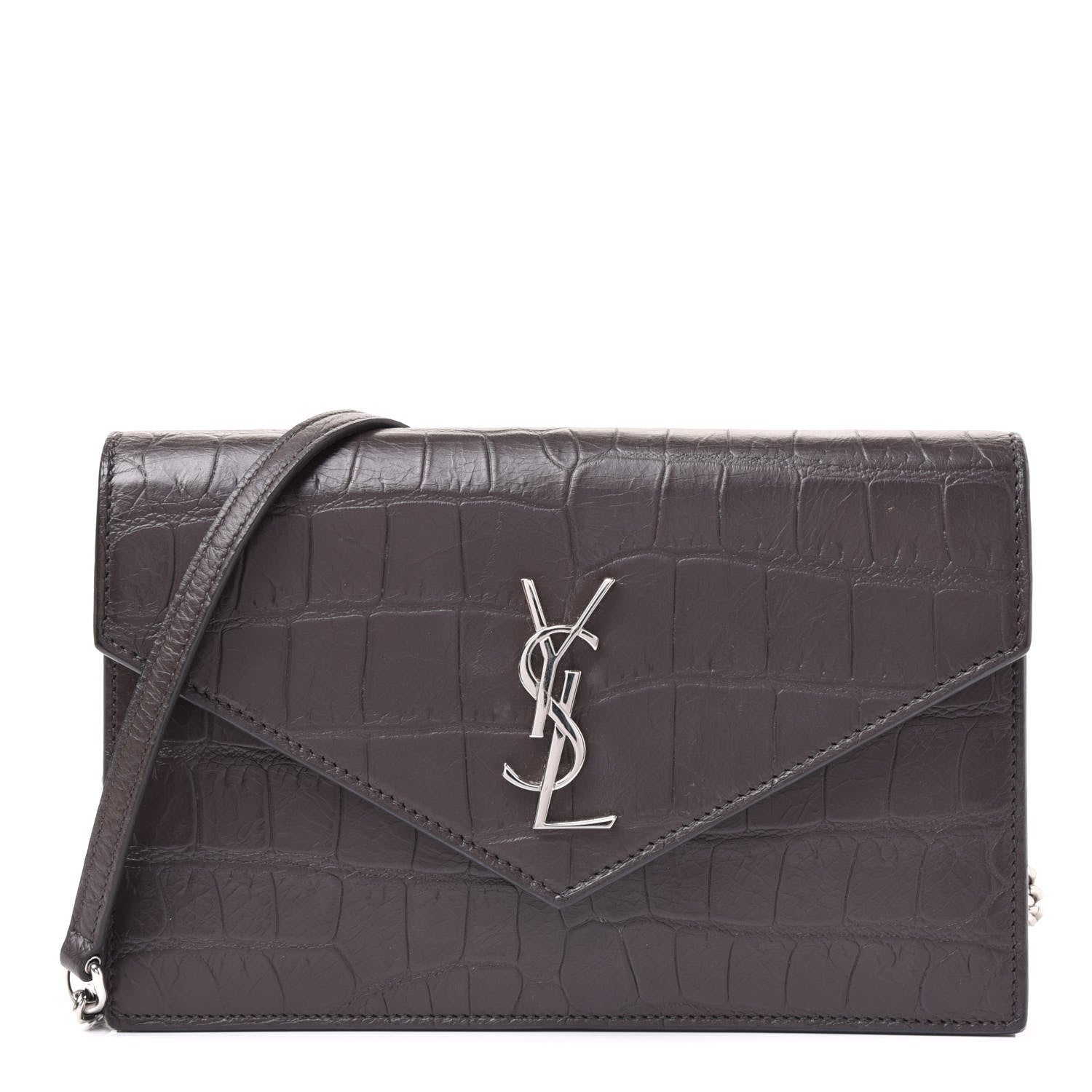 Saint Laurent SAINT LAUREN Croc Embossed Monogram Envelope Chain Wallet Dark Anthracite 1 of 10