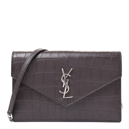 Saint Laurent SAINT LAUREN Croc Embossed Monogram Envelope Chain Wallet Dark Anthracite 1 of 10