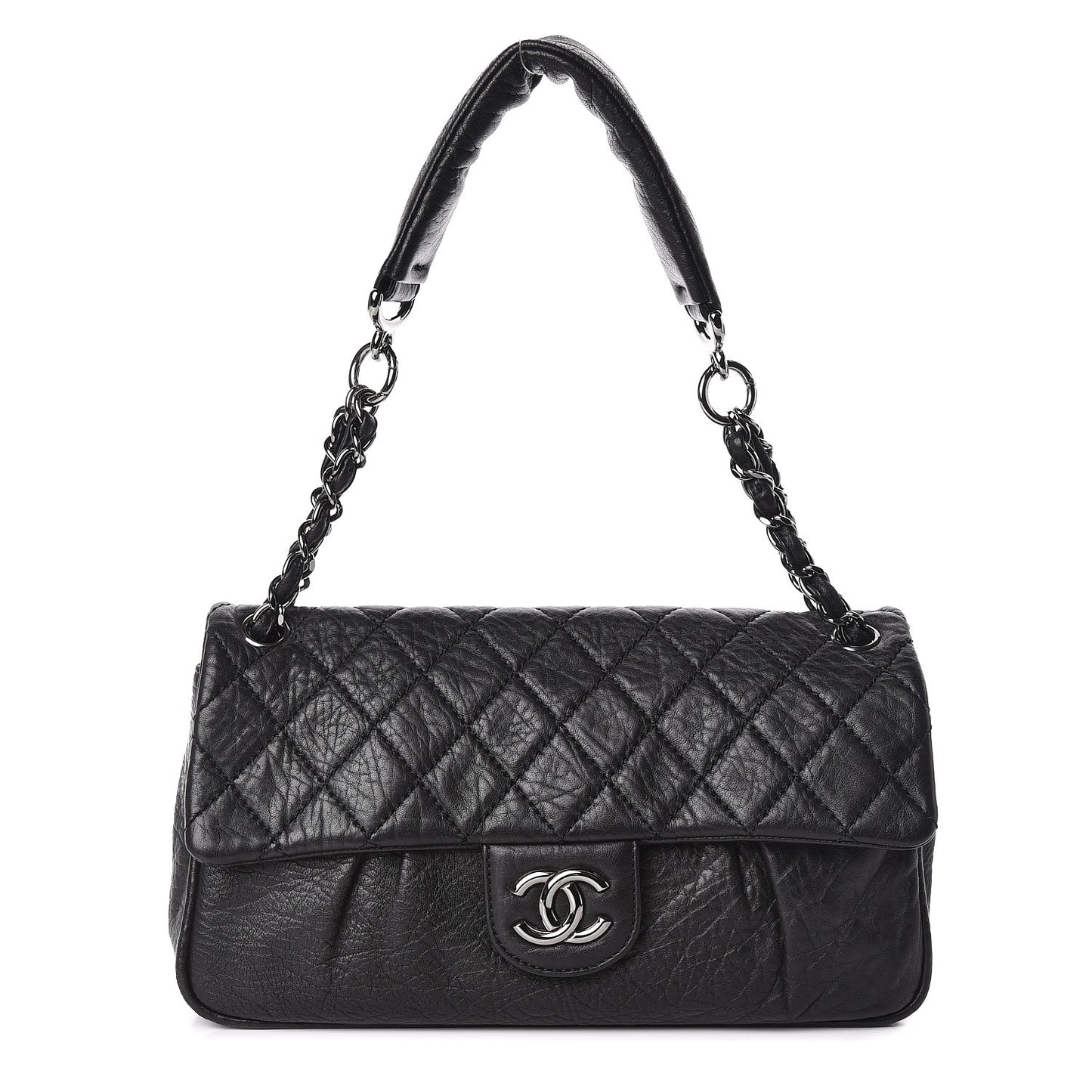 Distressed Lambskin Lady Braid Flap Black