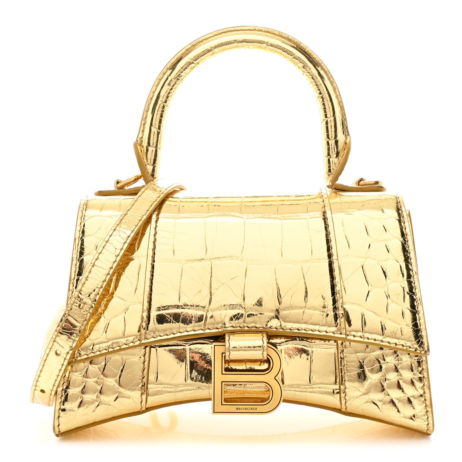 Balenciaga Metallic Calfskin Crocodile Embossed Hourglass Top Handle Bag XS Gold 1 of 13
