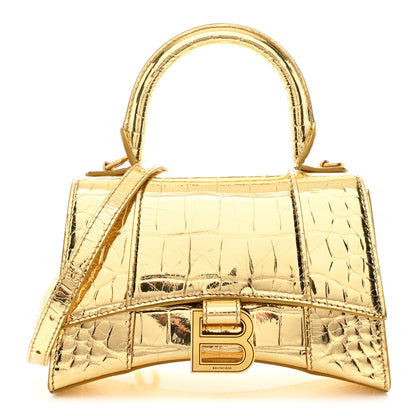 Balenciaga Metallic Calfskin Crocodile Embossed Hourglass Top Handle Bag XS Gold 1 of 13