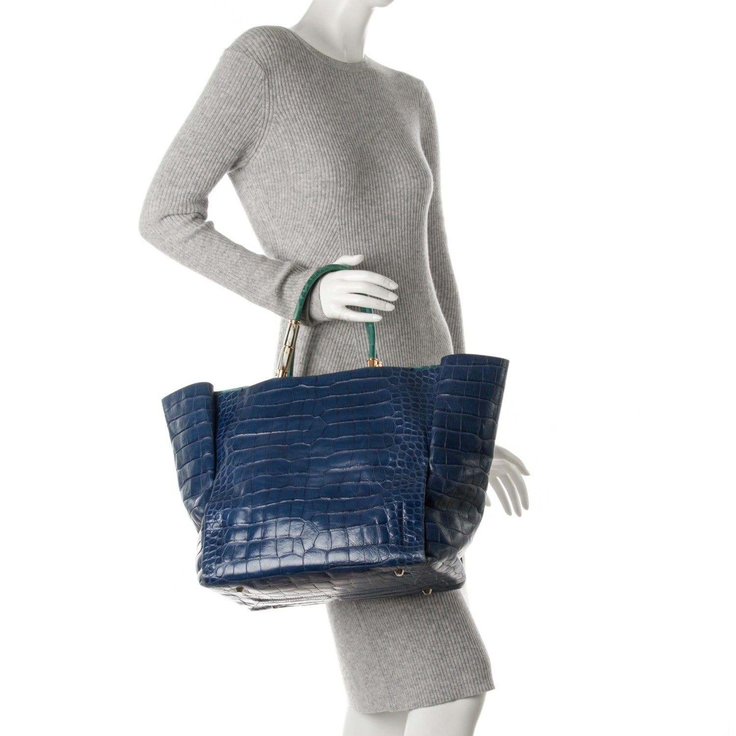 Lanvin Calfskin Crocodile Embossed Moon River Tote Marine 2 of 9