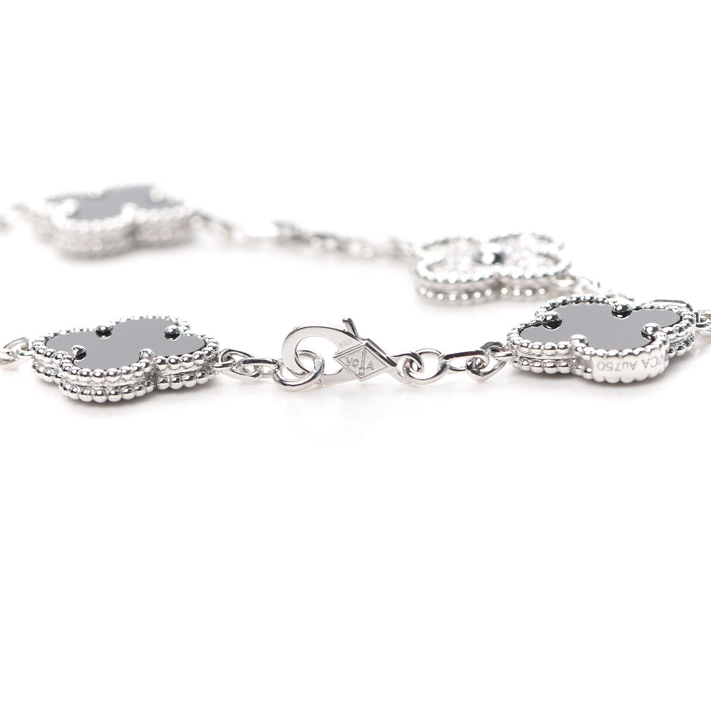 18K White Gold Diamond Black Onyx 5 Motifs Vintage Alhambra Bracelet