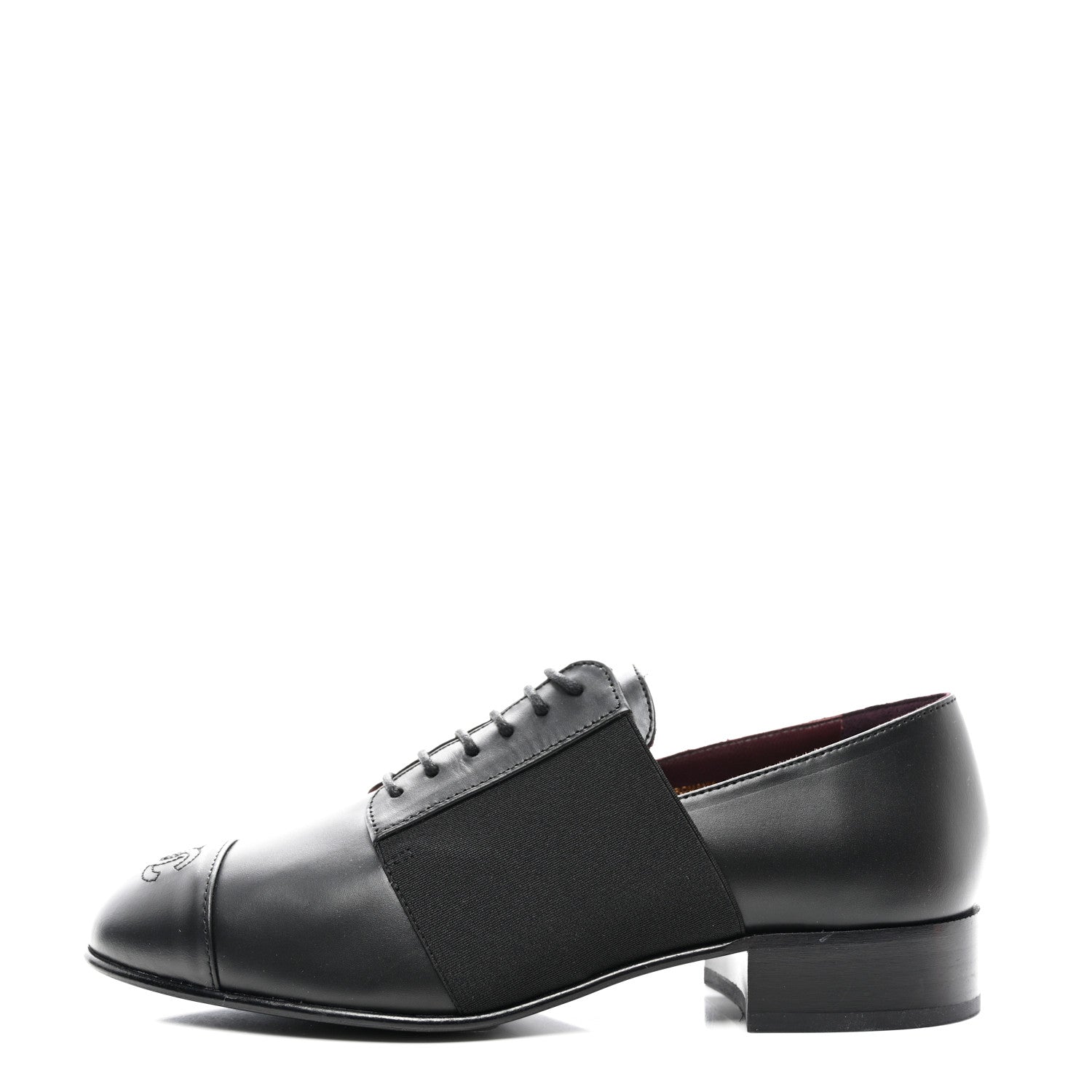 Chanel Calfskin Elastic Lace Up Cap Toe CC Loafers 38 Black 1 of 8