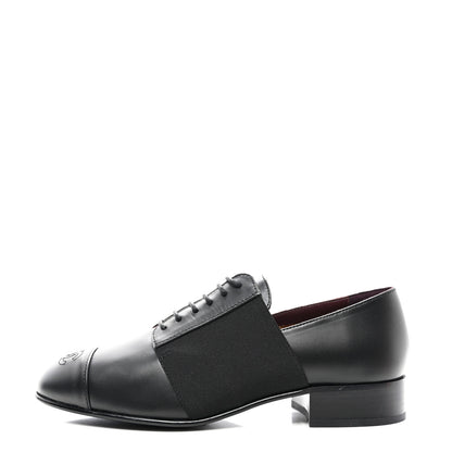 Chanel Calfskin Elastic Lace Up Cap Toe CC Loafers 38 Black 1 of 8