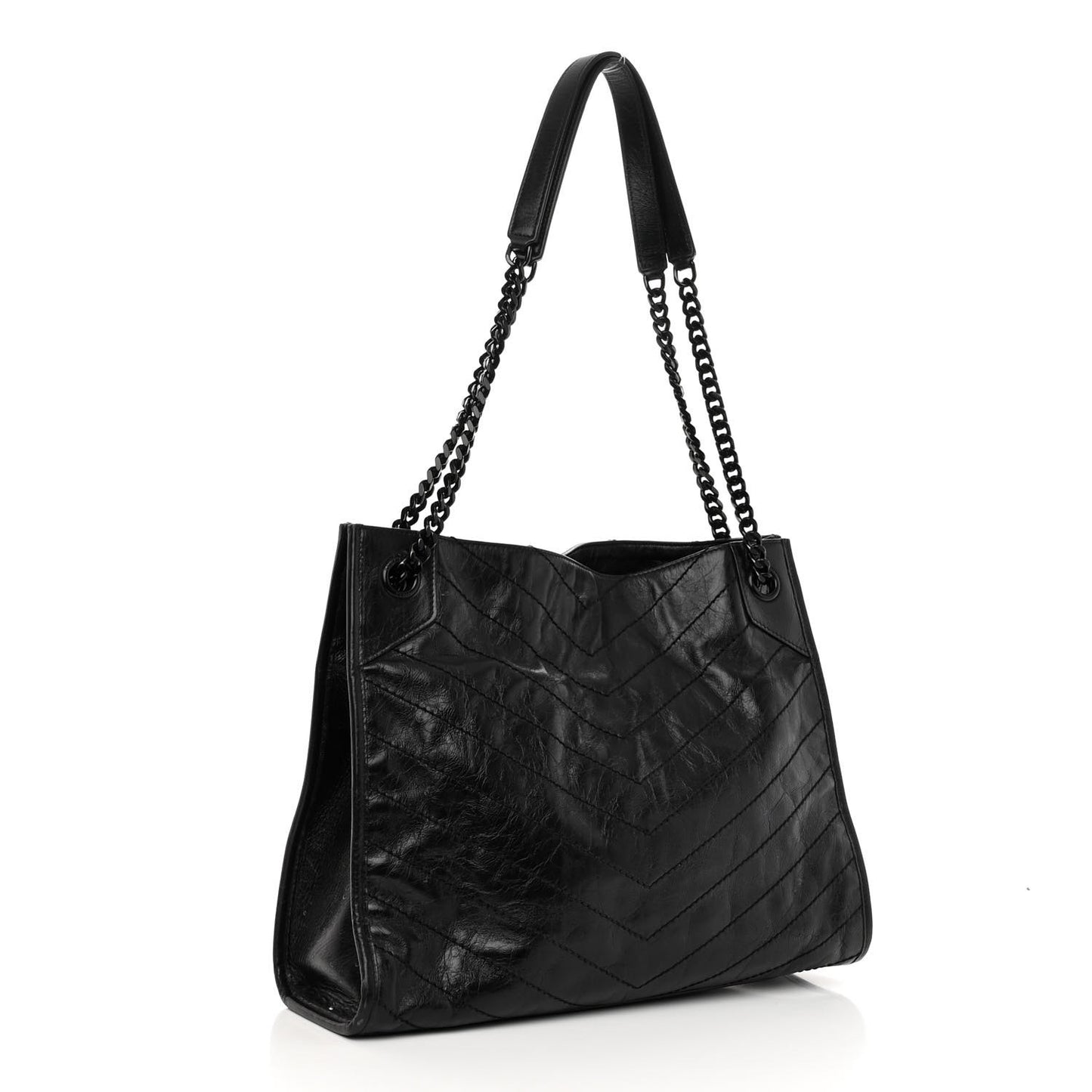 Crinkled Calfskin Matelasse Monogram Medium Niki Shopper Tote Black
