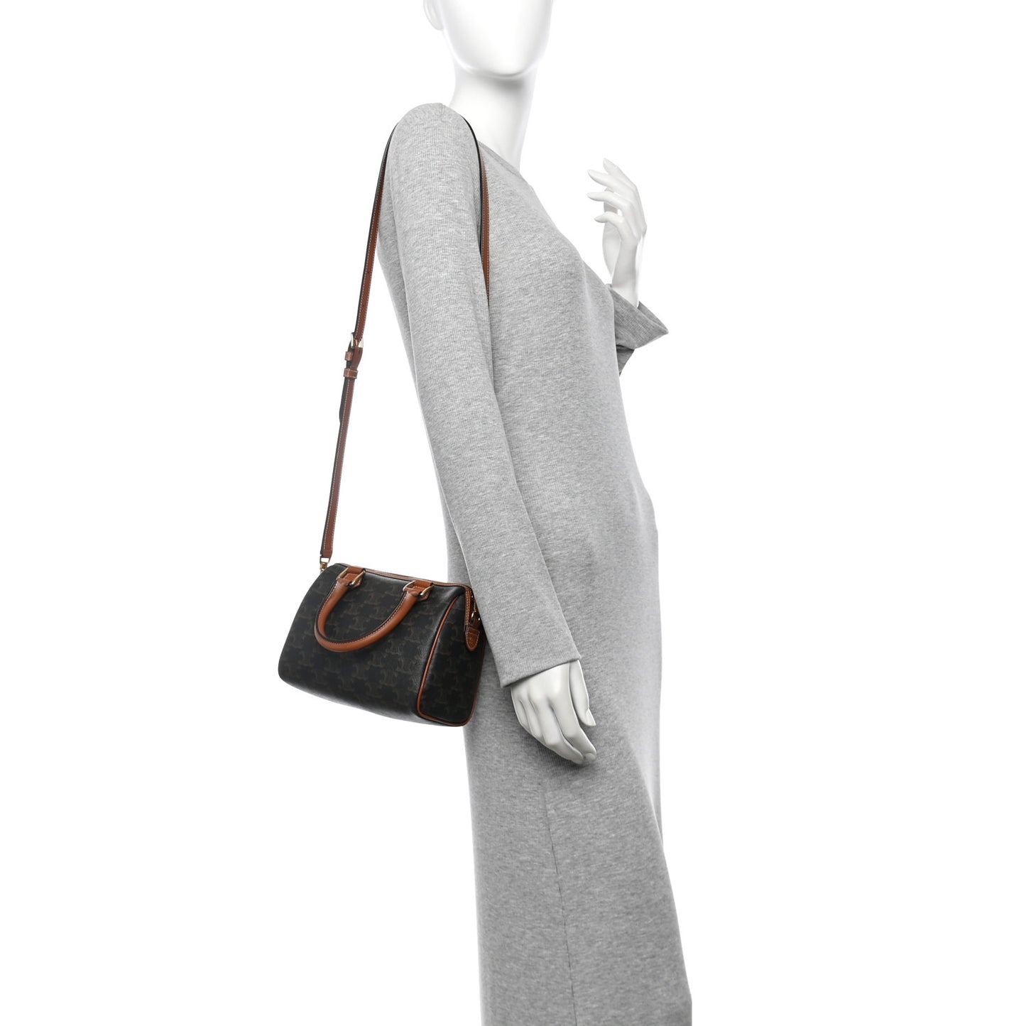 Triomphe Canvas Calfskin Small Boston Bag Tan