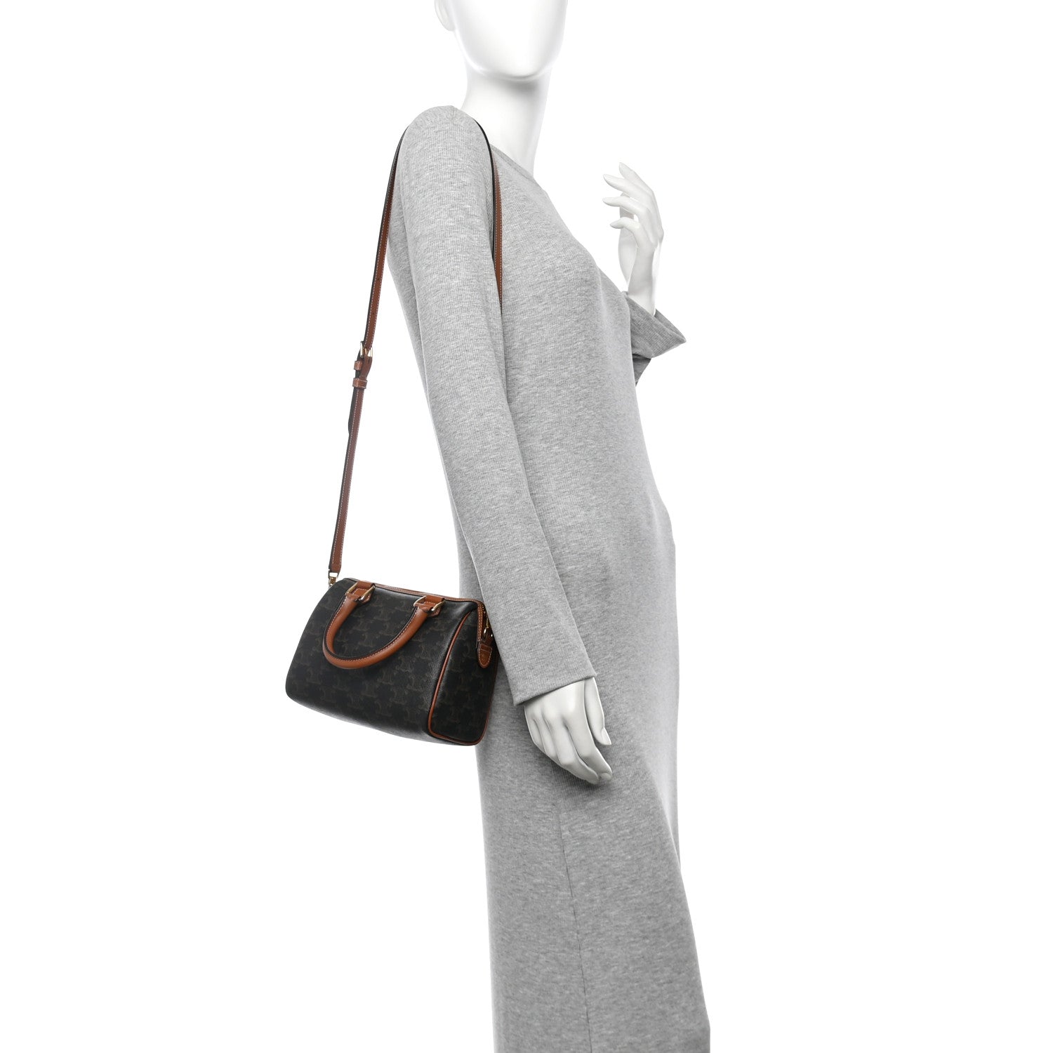 Celine Triomphe Canvas Calfskin Small Boston Bag Tan 2 of 11