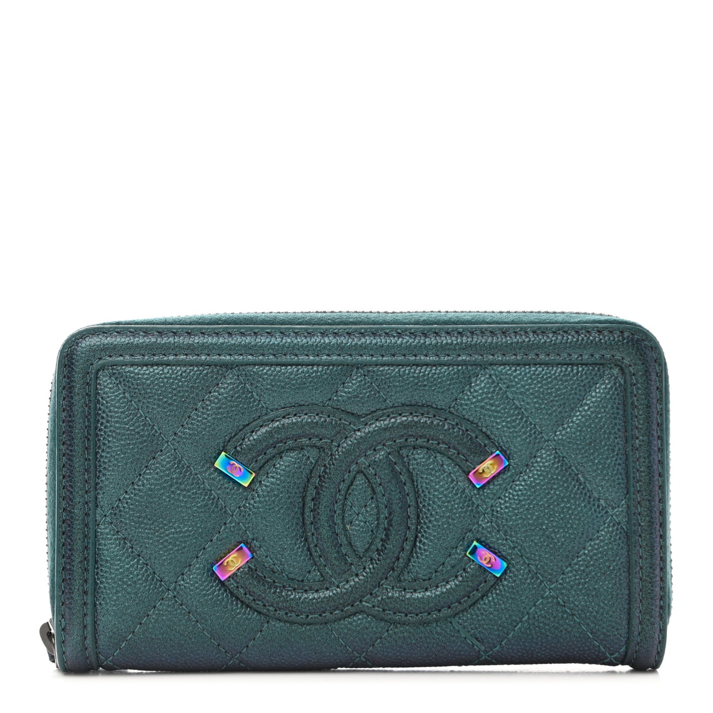 Iridescent Caviar Quilted Medium Filigree Zip Around Wallet Dark Turquoise