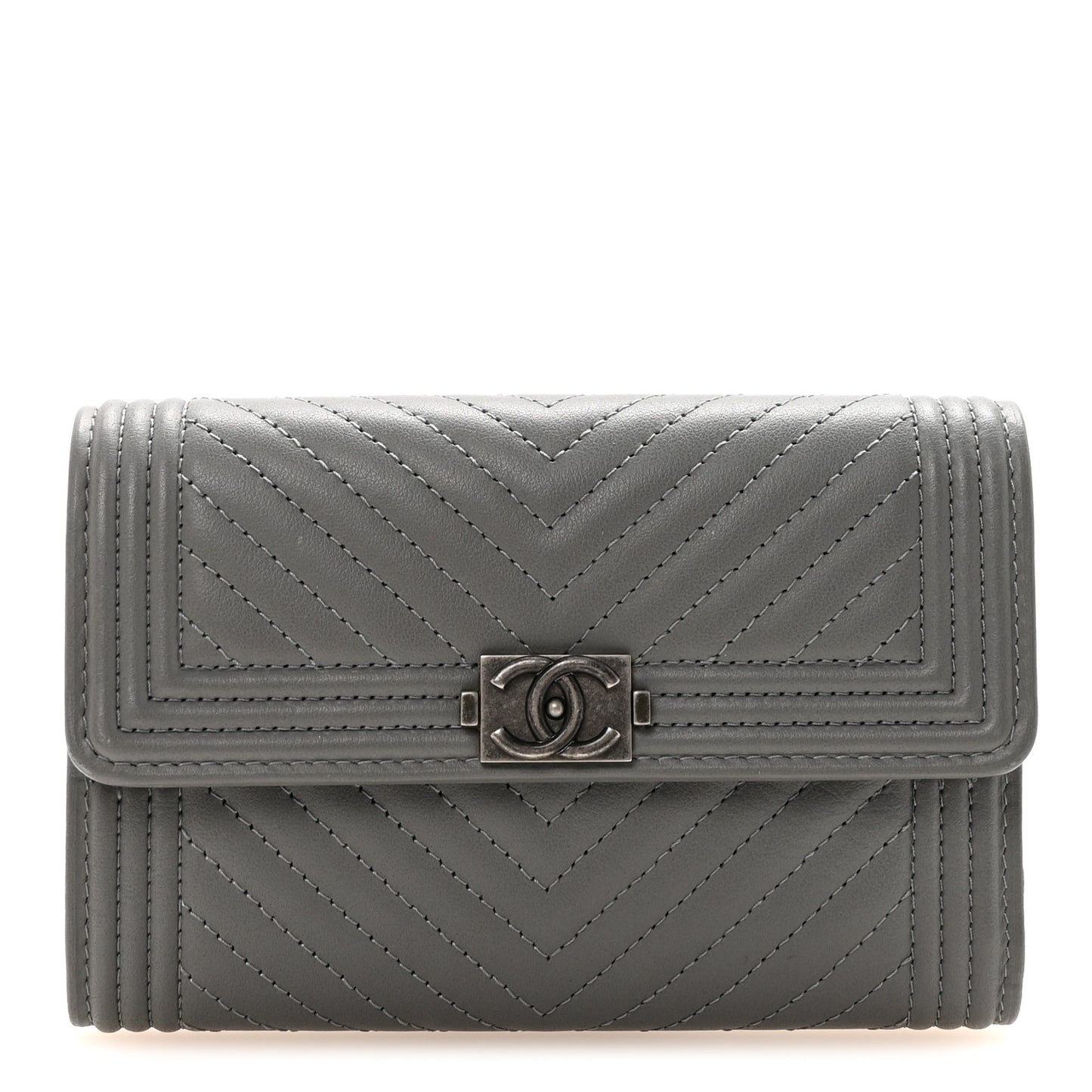 Calfskin Chevron Quilted Medium Boy Flap Wallet Grey
