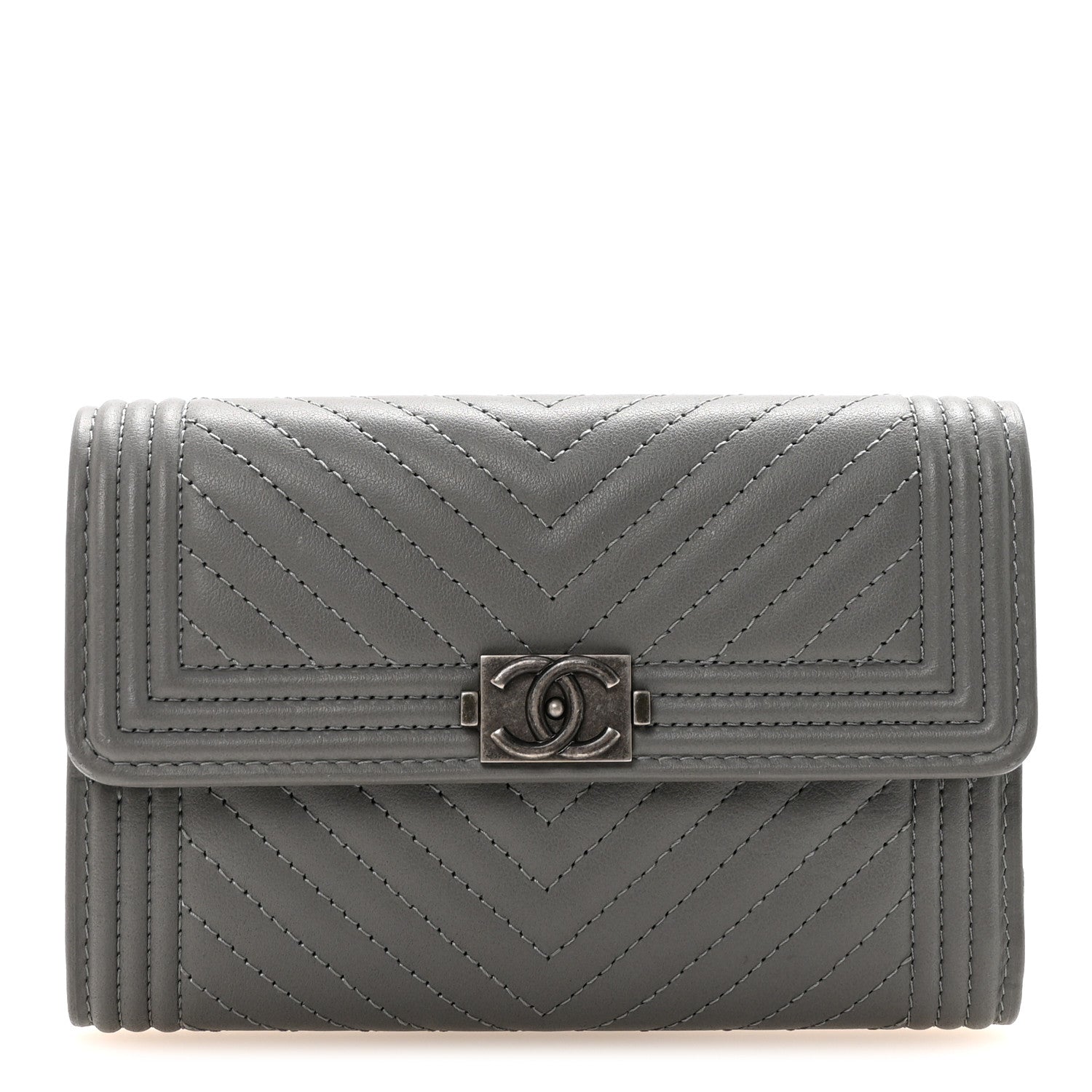 Chanel Calfskin Chevron Quilted Medium Boy Flap Wallet Grey 1 of 8