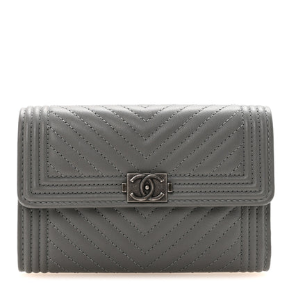Chanel Calfskin Chevron Quilted Medium Boy Flap Wallet Grey 1 of 8