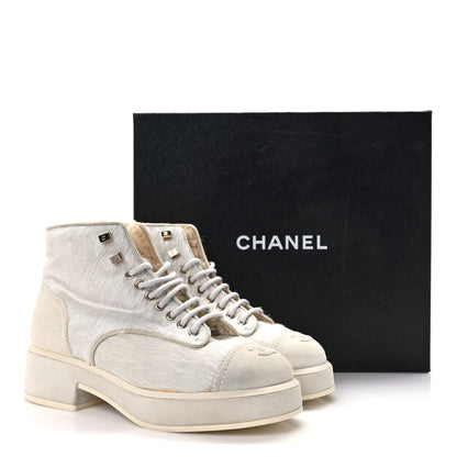 Chanel Suede Pony Hair Shearling Lace Up Combat Boots 38.5 White Black 10 of 10