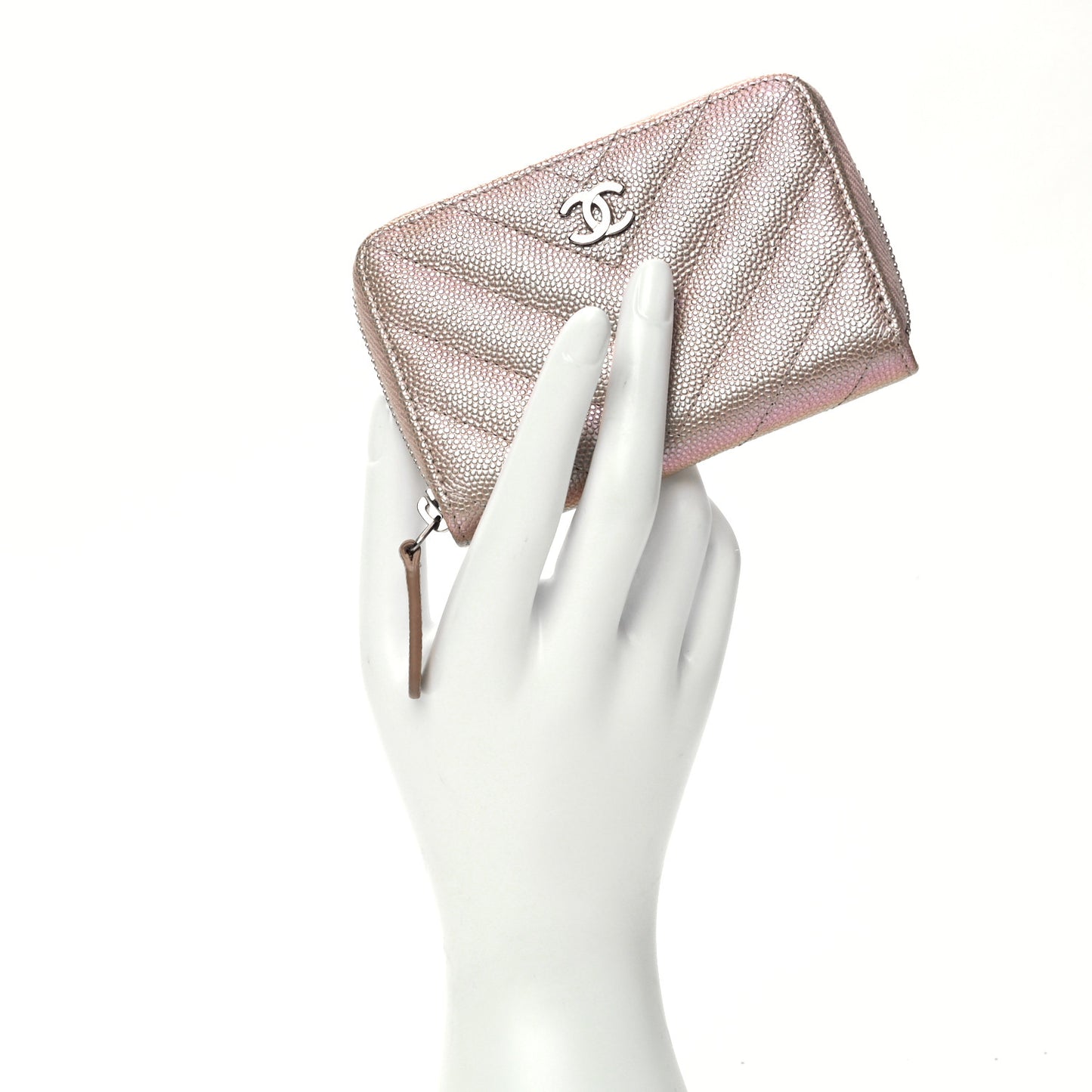 Metallic Caviar Chevron Quilted Zip Around Coin Purse Light Gold