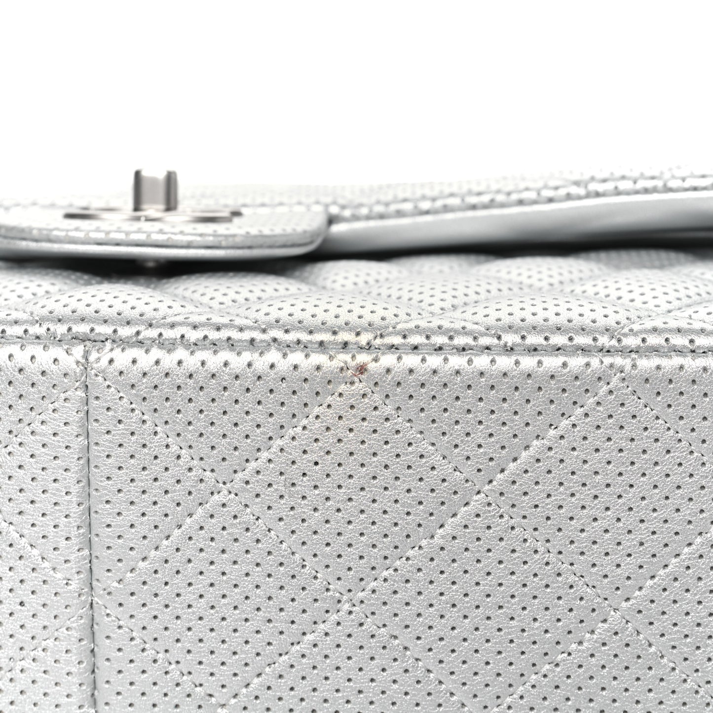 Metallic Perforated Lambskin Quilted Jumbo Double Flap Light Silver