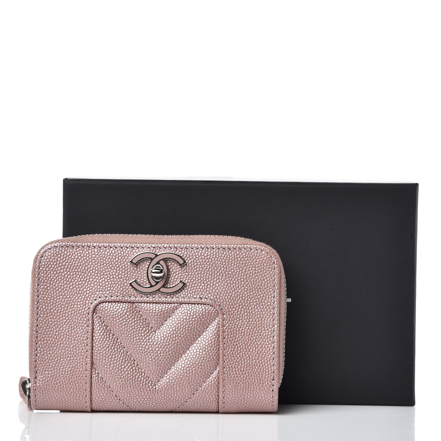 Chanel Metallic Caviar Chevron Quilted Vintage Mademoiselle Zip Coin Purse Pink 8 of 8