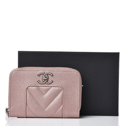 Chanel Metallic Caviar Chevron Quilted Vintage Mademoiselle Zip Coin Purse Pink 8 of 8