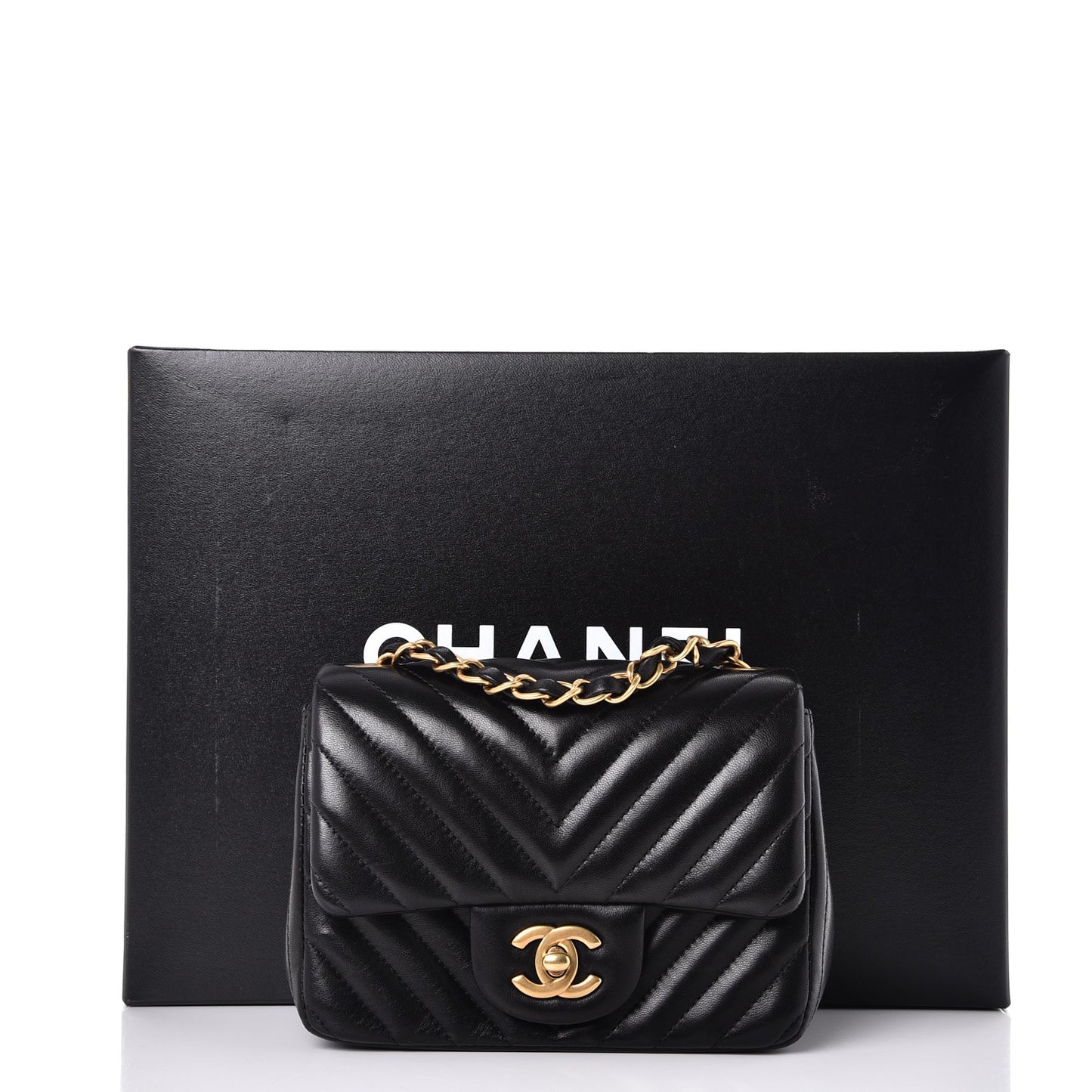 Lambskin Chevron Quilted Mini Square Flap Black