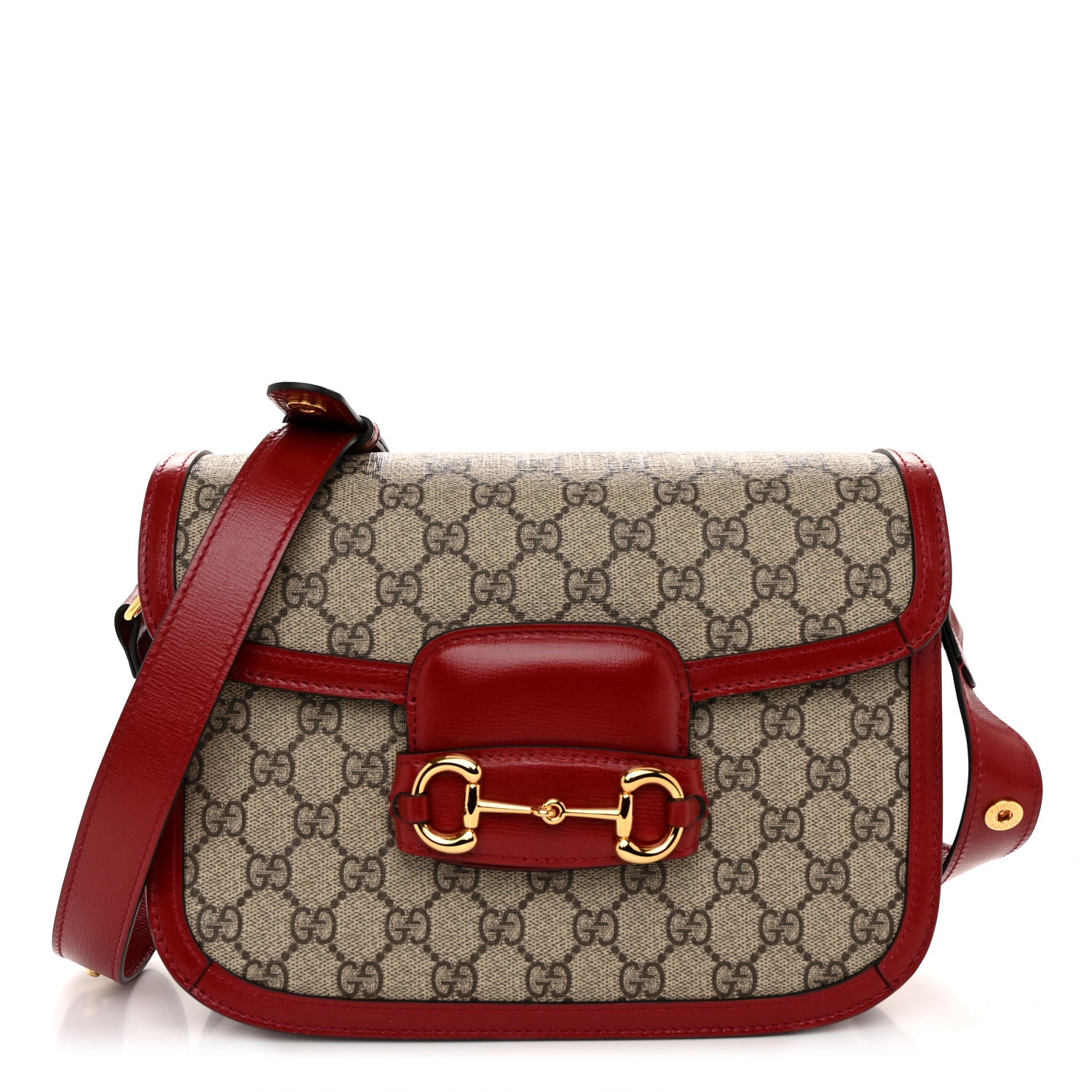 Gucci GG Supreme Monogram Azalea Calfskin Horsebit 1955 Shoulder Bag Beige Ebony New Cherry Red 1 of 12