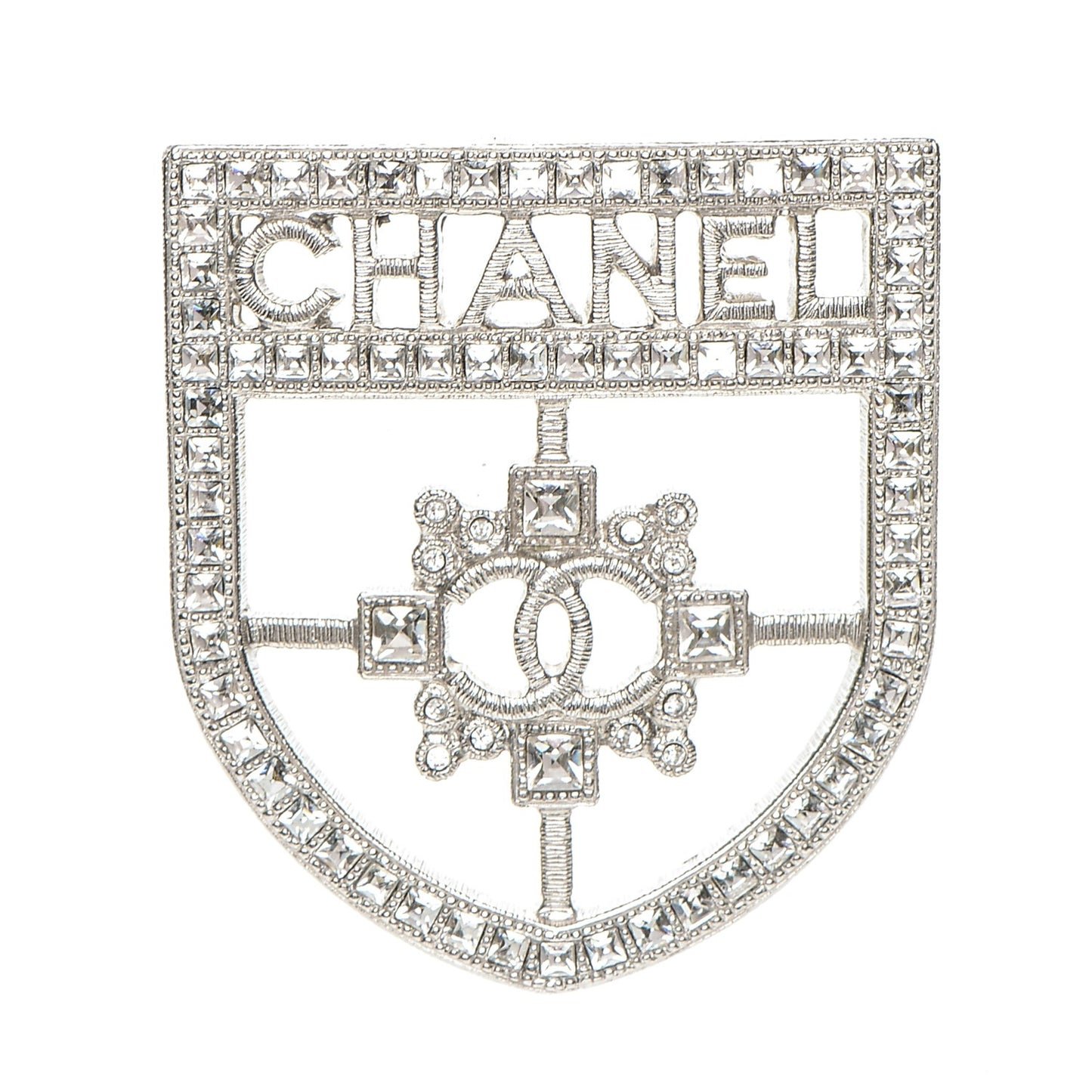 Swarovski Baguette Crystal CC Shield Brooch Silver