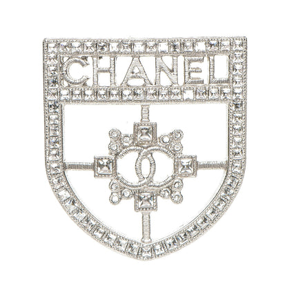 Chanel Swarovski Baguette Crystal CC Shield Brooch Silver 1 of 5