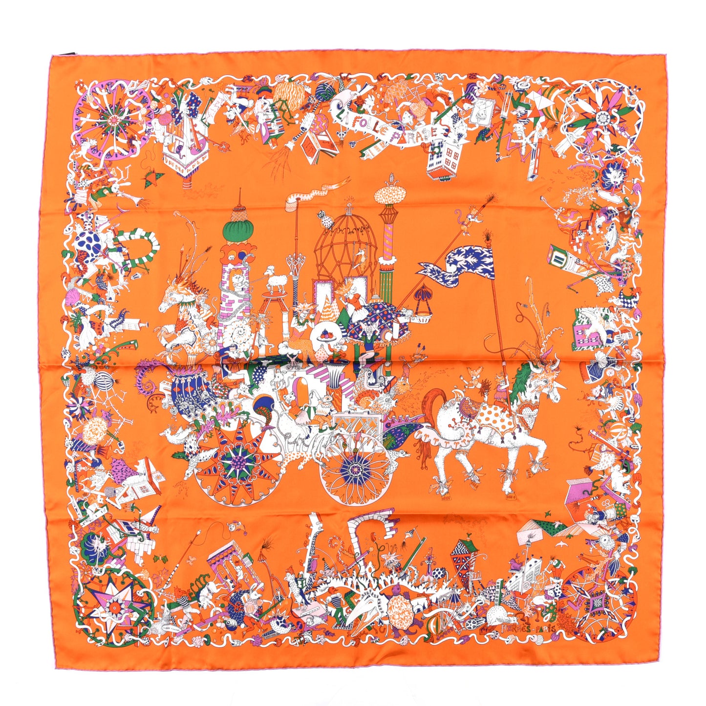 Silk La Folle Parade Scarf 90 Orange White Mauve