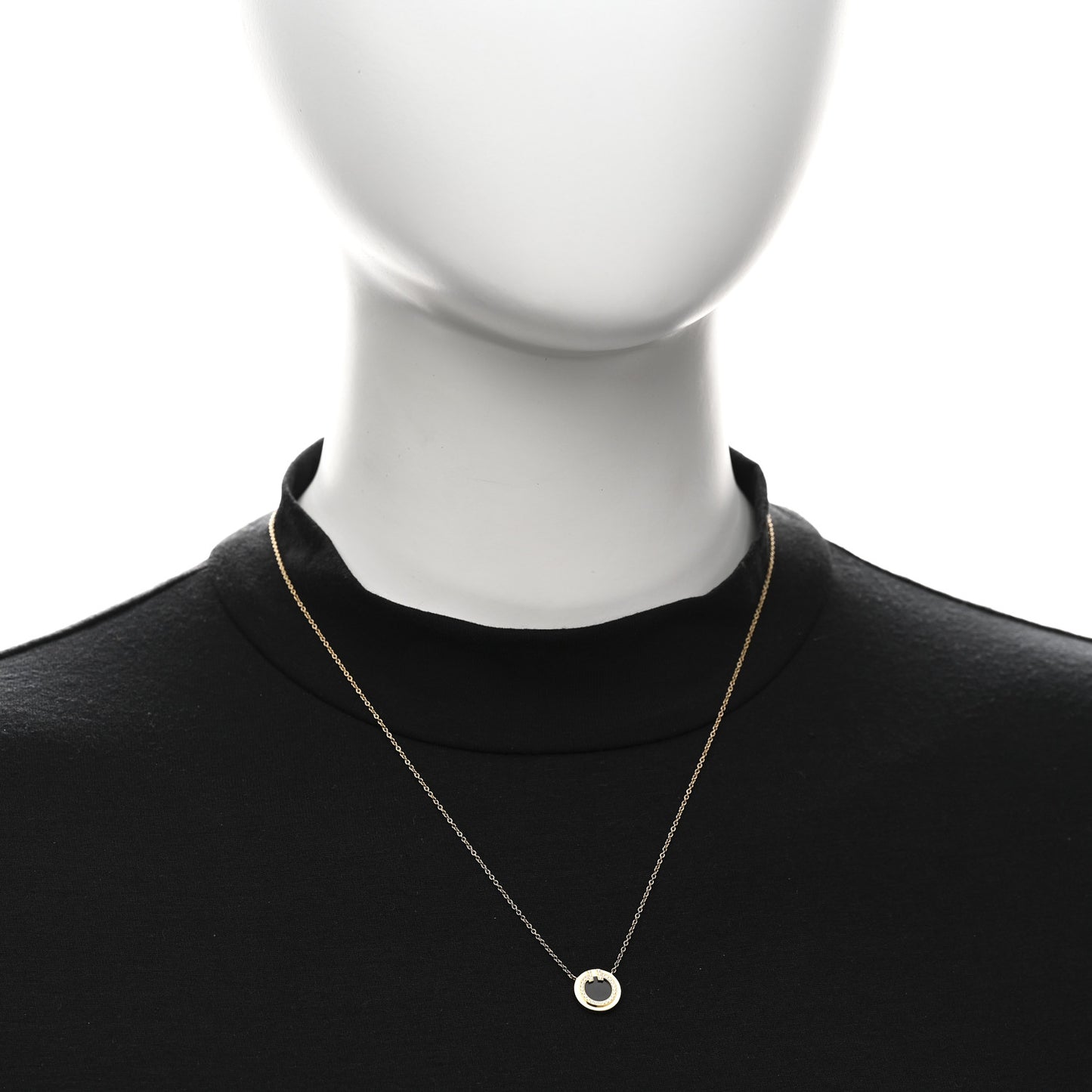 18K Yellow Gold Diamond Black Onyx Small T Circle Pendant Necklace