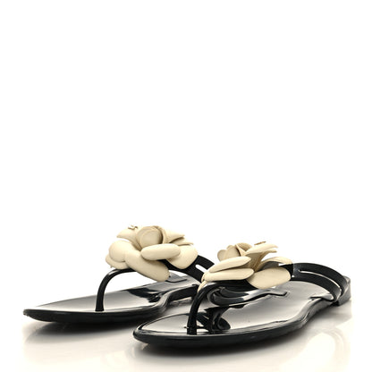 Chanel Jelly Camellia Thong Sandals 39 Black Ivory 3 of 7