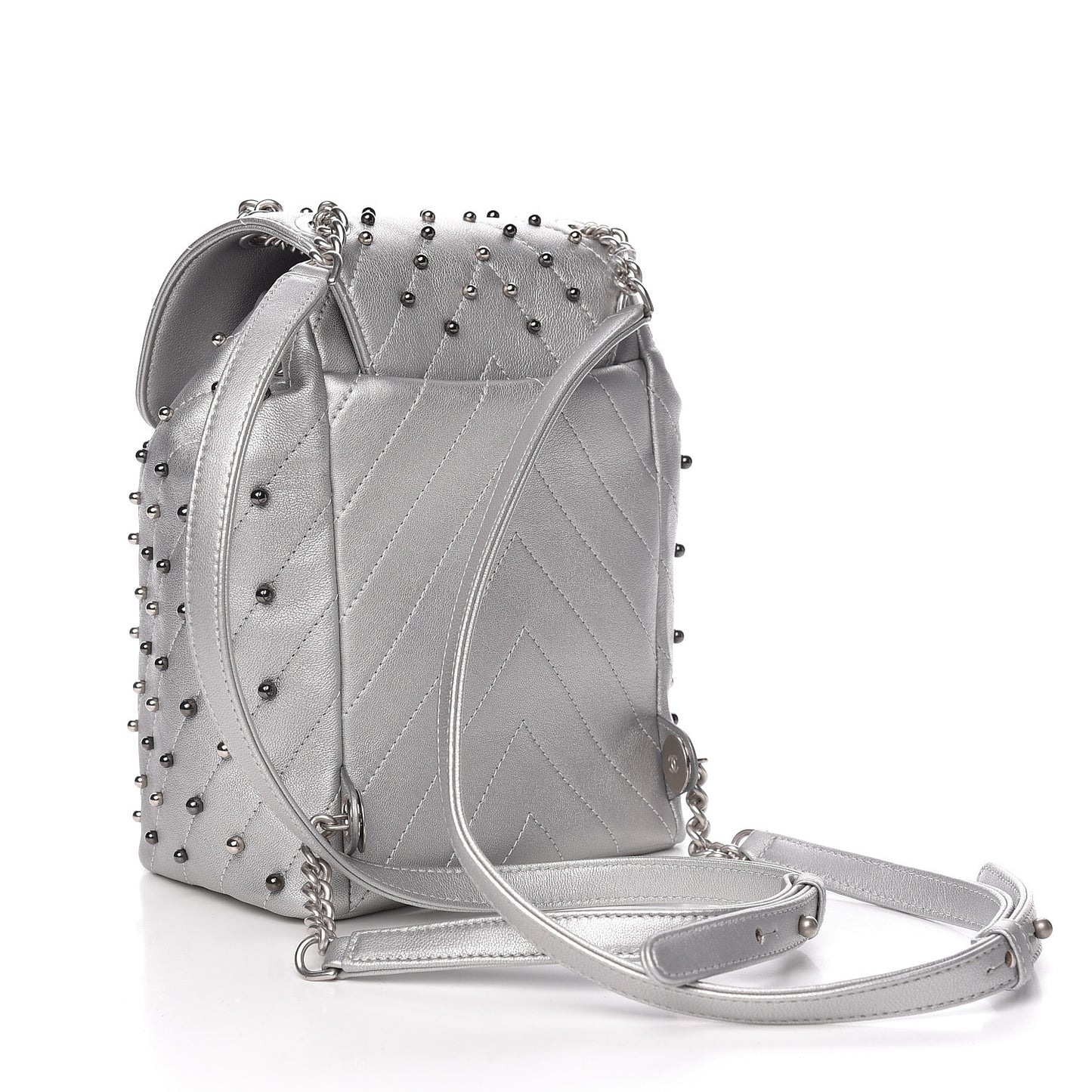 Metallic Lambskin Chevron Quilted Studded Stud Wars Backpack Silver
