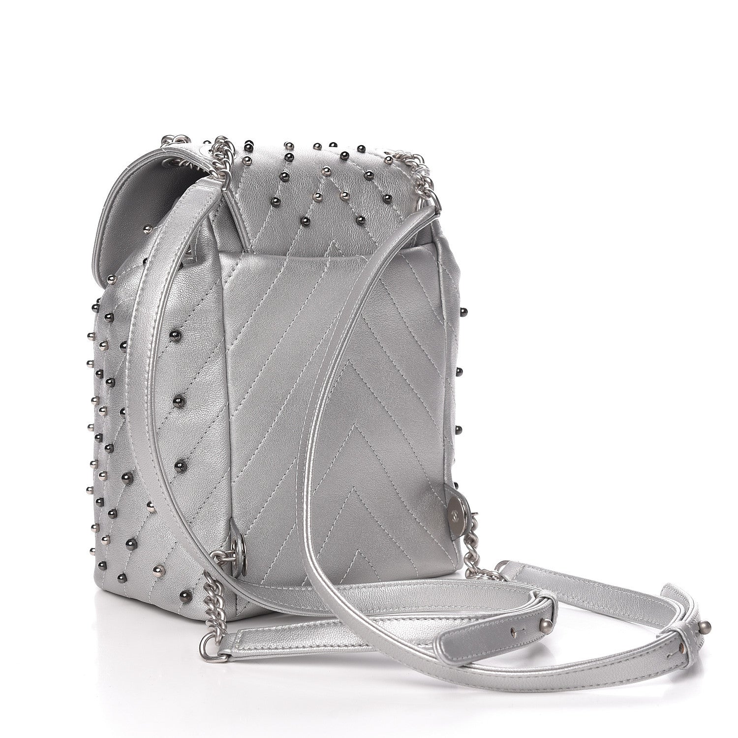 Chanel Metallic Lambskin Chevron Quilted Studded Stud Wars Backpack Silver 3 of 10
