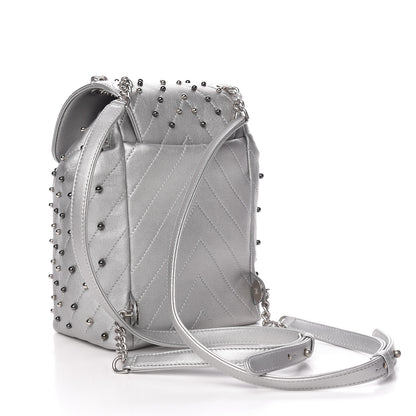 Chanel Metallic Lambskin Chevron Quilted Studded Stud Wars Backpack Silver 3 of 10