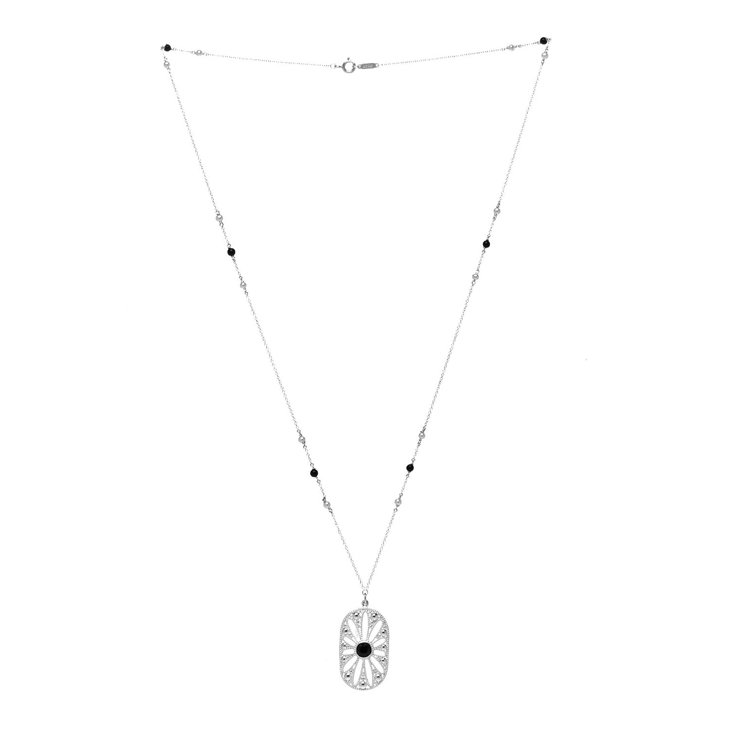 Sterling Silver Black Onyx Pearl Ziegfeld Daisy Pendant Necklace