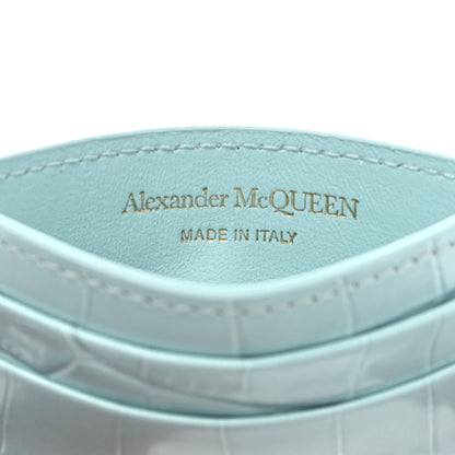 Alexander McQueen Shiny Calfskin Crocodile Embossed Skull Card Holder Pale Blue 6 of 7