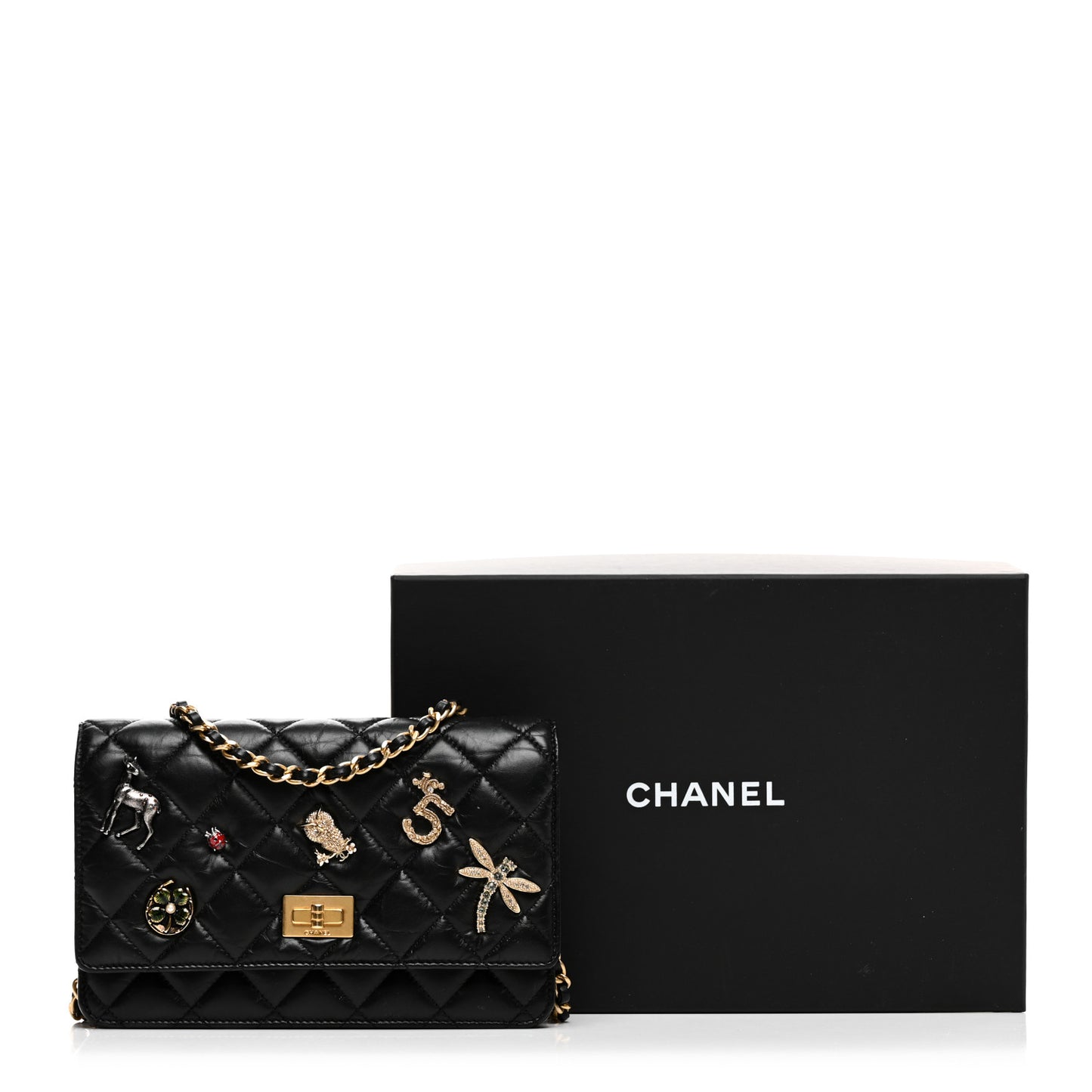 Aged Calfskin Quilted Lucky Charms 2.55 Reissue Wallet On Chain WOC Black