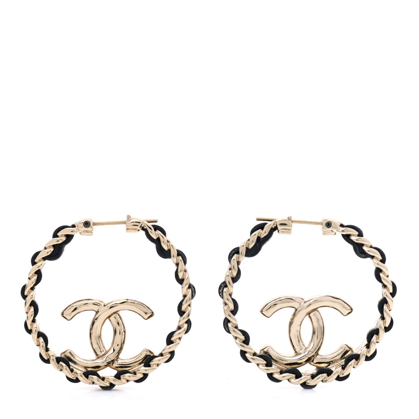 Lambskin CC Chain Hoop Earrings Black Gold