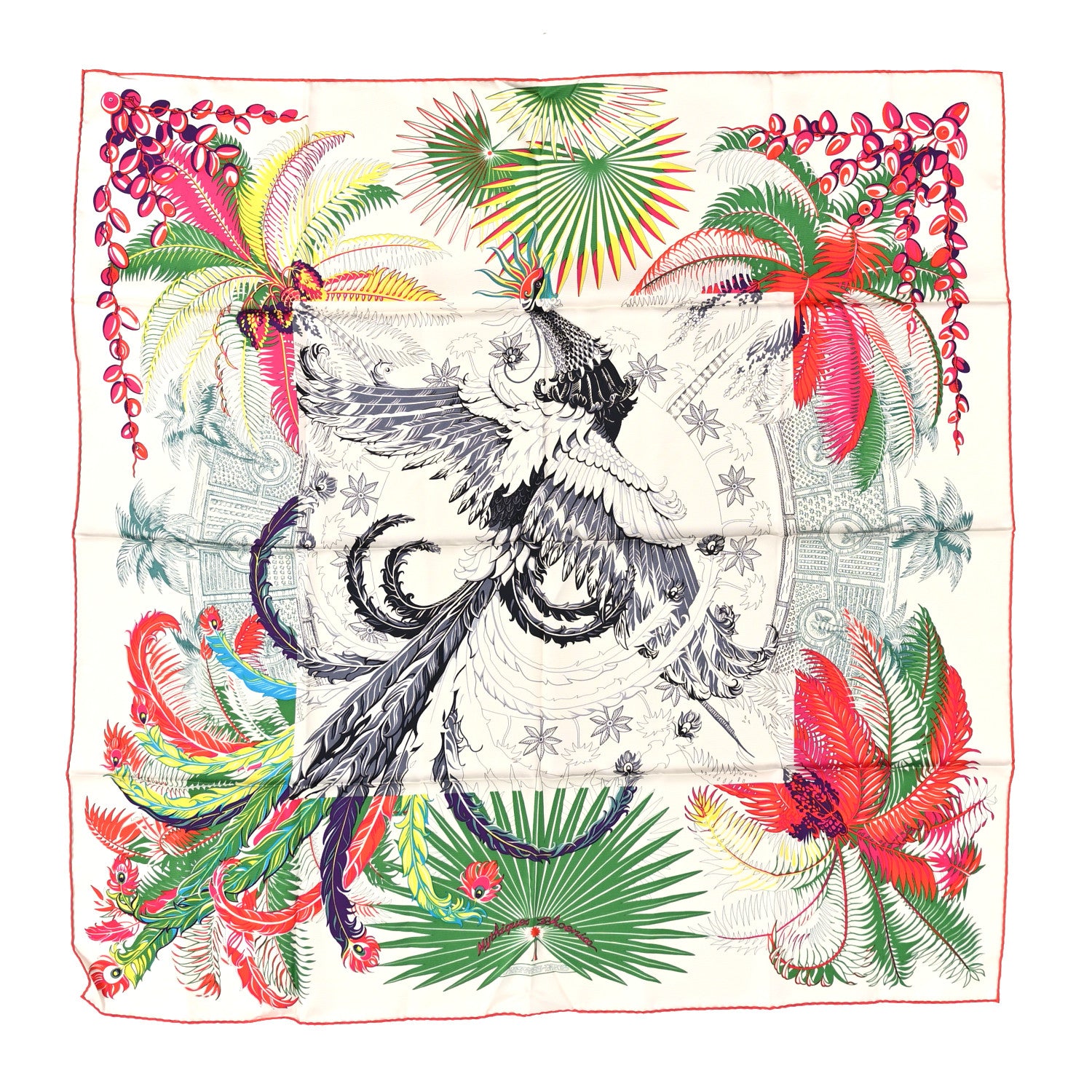 Hermes Silk Mythiques Phoenix Coloriage Scarf 90 Blanc Vert Rouge 1 of 4