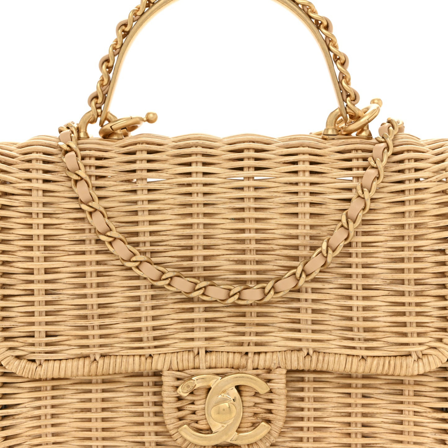 Braided Rattan Mini CC Top Handle Flap Beige