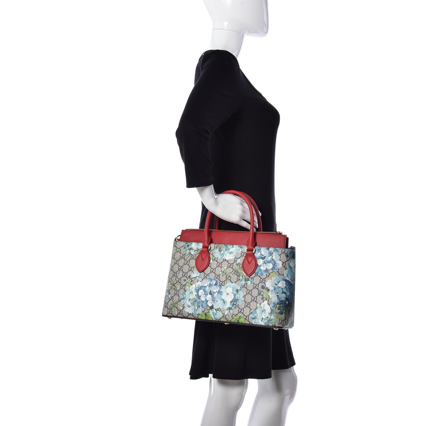 GG Supreme Monogram Blooms Medium Zip Top Tote Beige Blue Navy Hibiscus Red