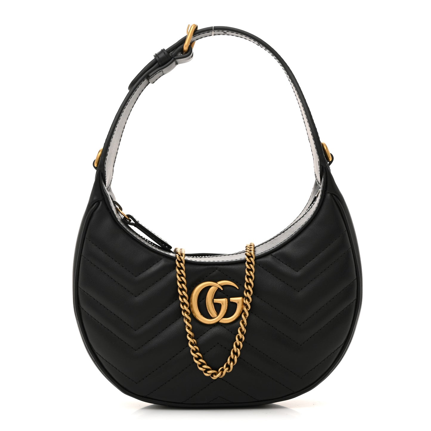 Calfskin Matelasse Chevron Mini GG Marmont Half Moon Hobo Black