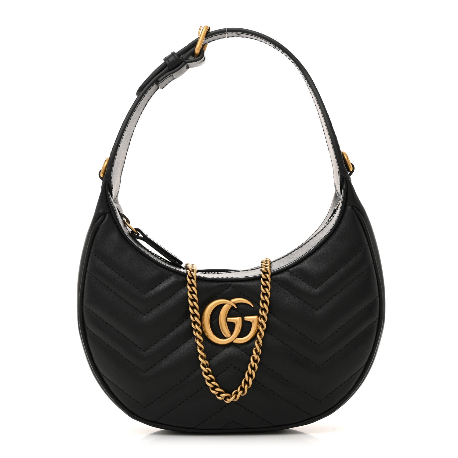 Gucci Calfskin Matelasse Chevron Mini GG Marmont Half Moon Hobo Black 1 of 11
