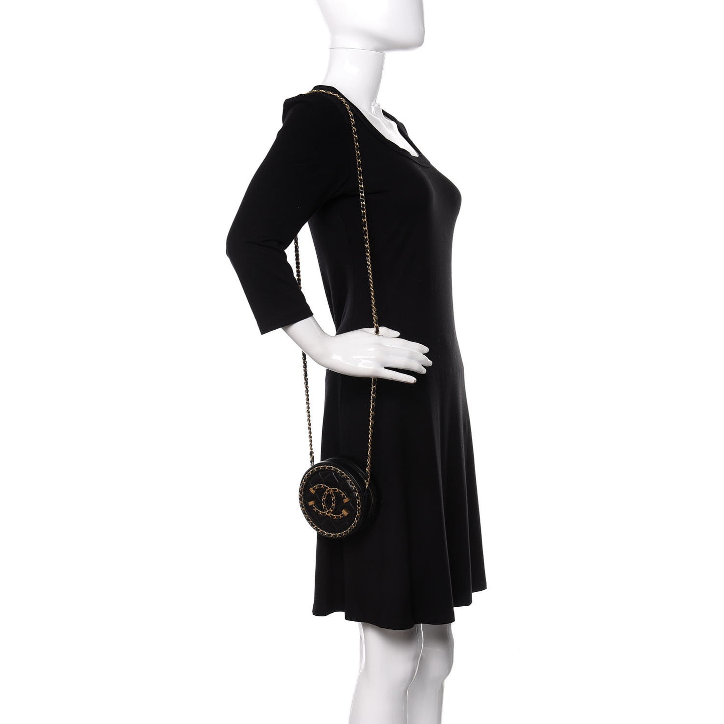 Lambskin Quilted Round Filigree Chain Around Crossbody Black