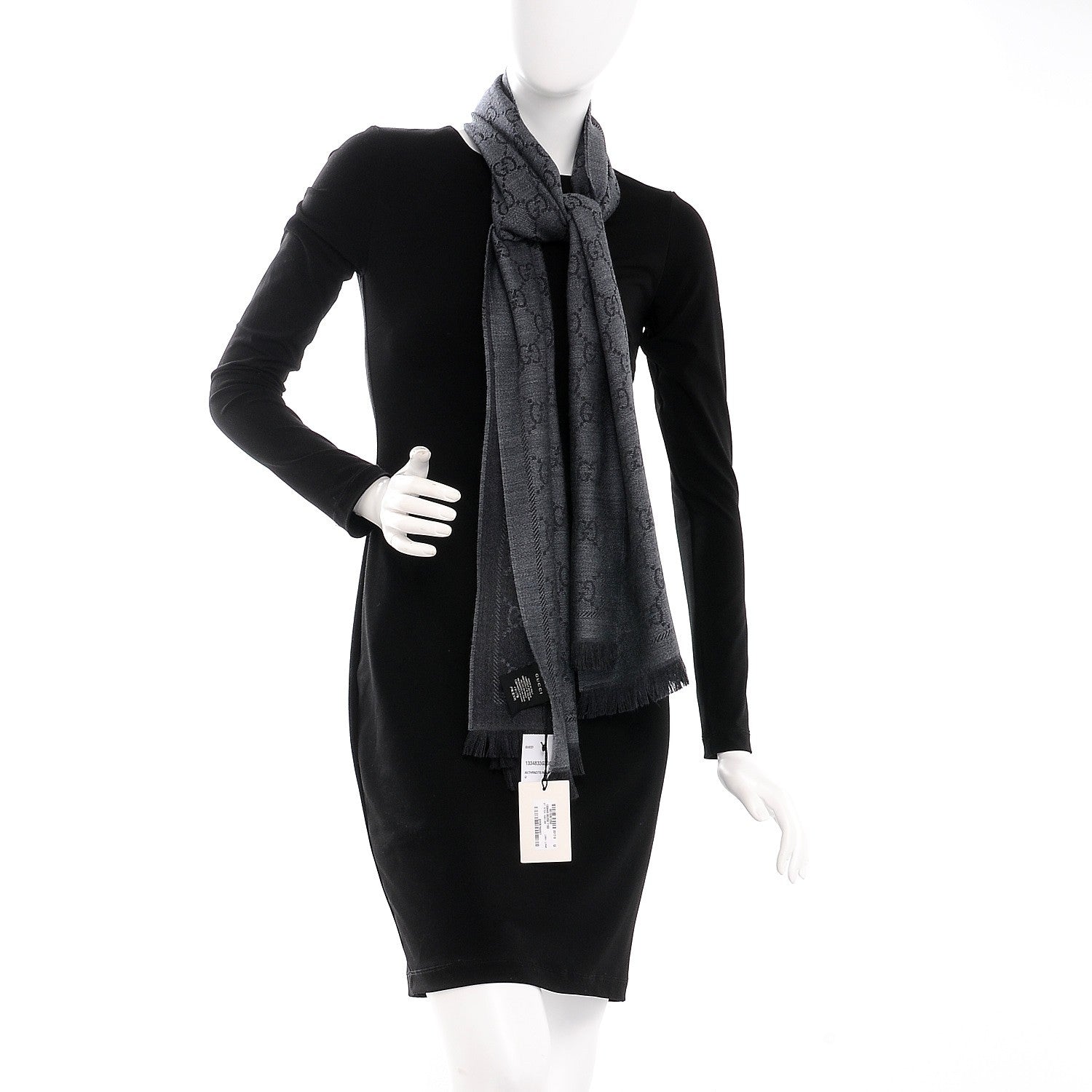Gucci Wool Jacquard GG Monogram Sten Fringe Scarf Anthracite Black 2 of 4